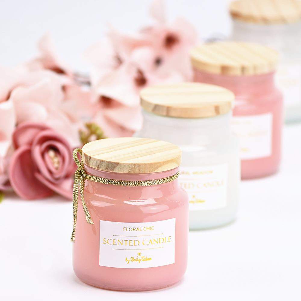 (00749) Κερί ροζ floral chic με ξύλινο καπάκι